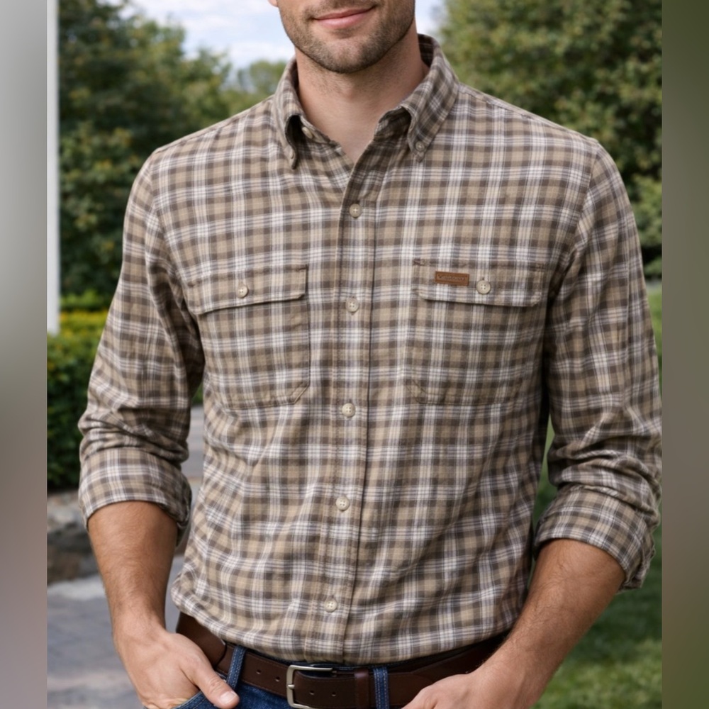 Carhartt Flannel Plaid Green and Bone Button-Down L/S Excellent Men's Medium
